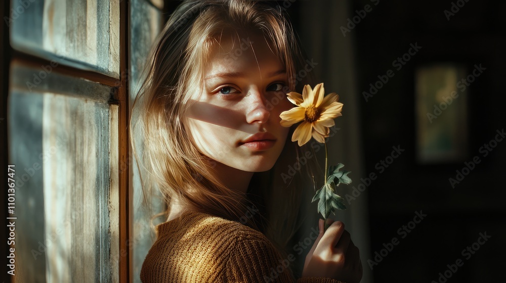 Naklejka premium Portrait of a Young Woman Holding a Flower in Soft Natural Light