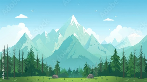 photograph of High green mountain in sunny day with spruce forest and blue sky in simple geometric form, nature tourism landscape background, travel mountains adventure illustration photo