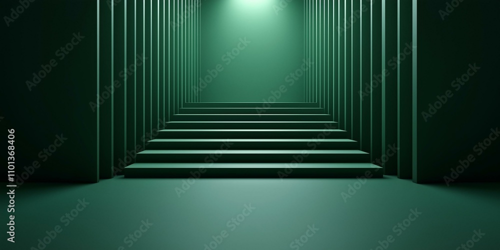 A dramatic green corridor leads to illuminated stairs, creating a sense of depth and mystery. A dramatic green corridor leads to illuminated stairs, creating a sense of depth and mystery.