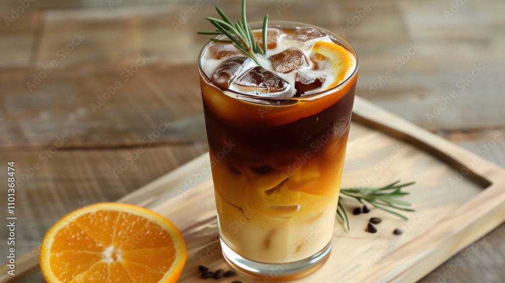 photograph of Iced coffee mixed with orange juice, two tones layer decoration with rosemary and piece of orange on wooden background photograph of Iced coffee mixed with orange juice, two tones layer decoration with rosemary and piece of orange on wooden background