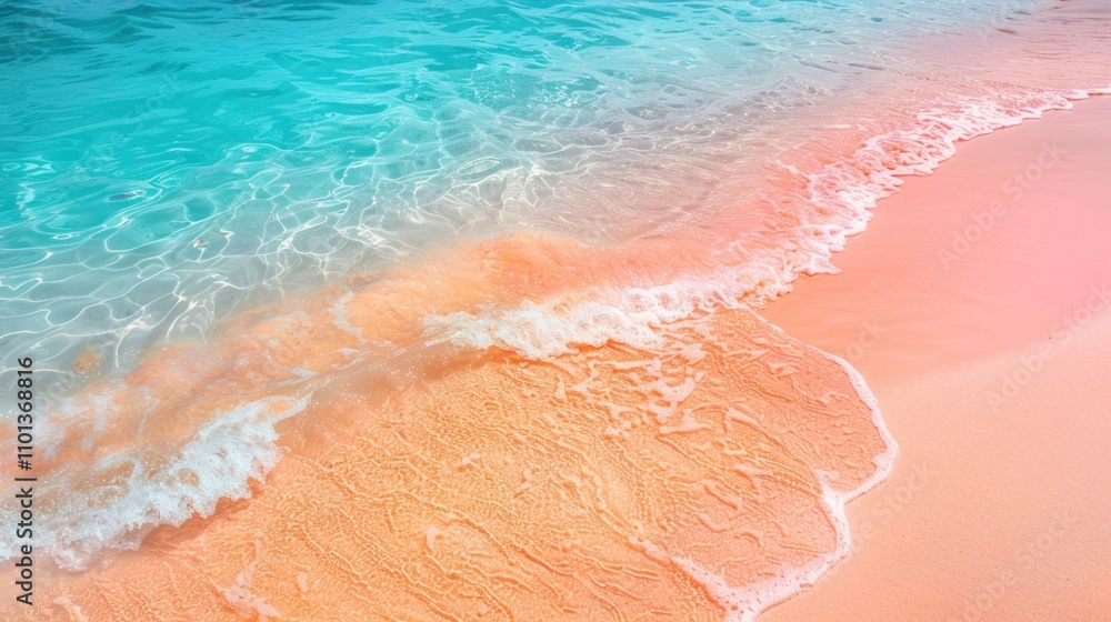 Fototapeta premium Serene beach scene with gentle waves lapping at a soft, pink sand shore.