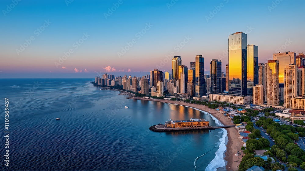 Obraz premium Generative AI, Coastal Cityscape at Sunset with Glass Skyscrapers and Ocean Views
