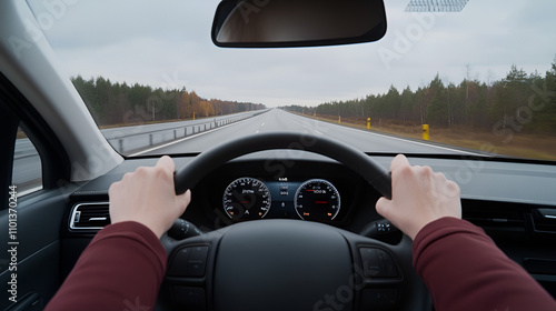 The point-of-view perspective from a driving car on a highway captures the sense of motion and travel photo