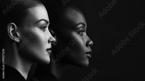 Two profiles in black and white highlight the beauty and contrasts of diversity, showcasing elegance and strength in a minimalist setting.