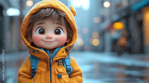Cheerful Child Exploring Snowy City Street in Vibrant Cartoon Style