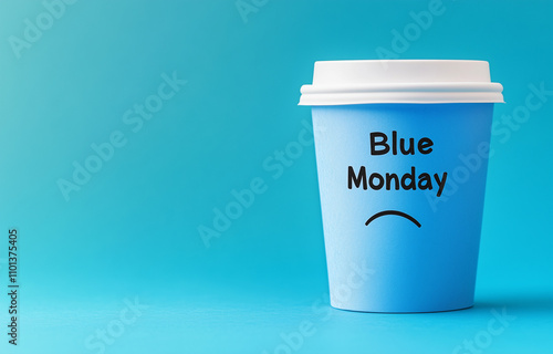 Tazza da caffè con la scritta Blue Monday e faccina triste. Sfondo blu. Il terzo lunedì di gennaio è il giorno più triste dell'anno. photo