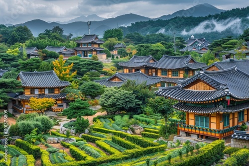 Traditional Korean houses nestled in a verdant hillside village, mountains in the background.