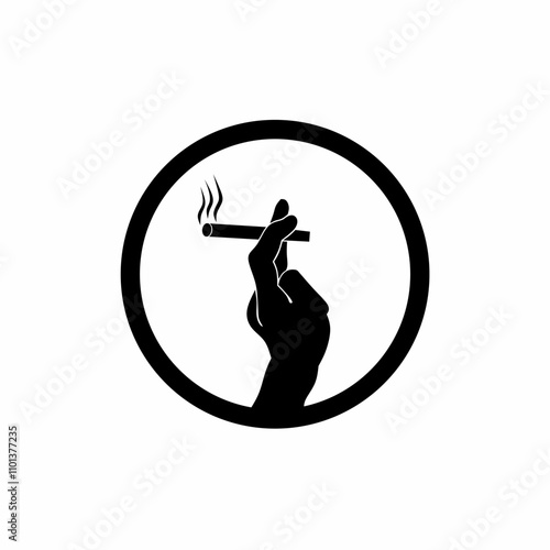 Vector illustration of silhouette icon of hand holding a lit cigarette, depicting smoking habit and lifestyle. Ideal for concepts around addiction, habits and social aspects of smoking.