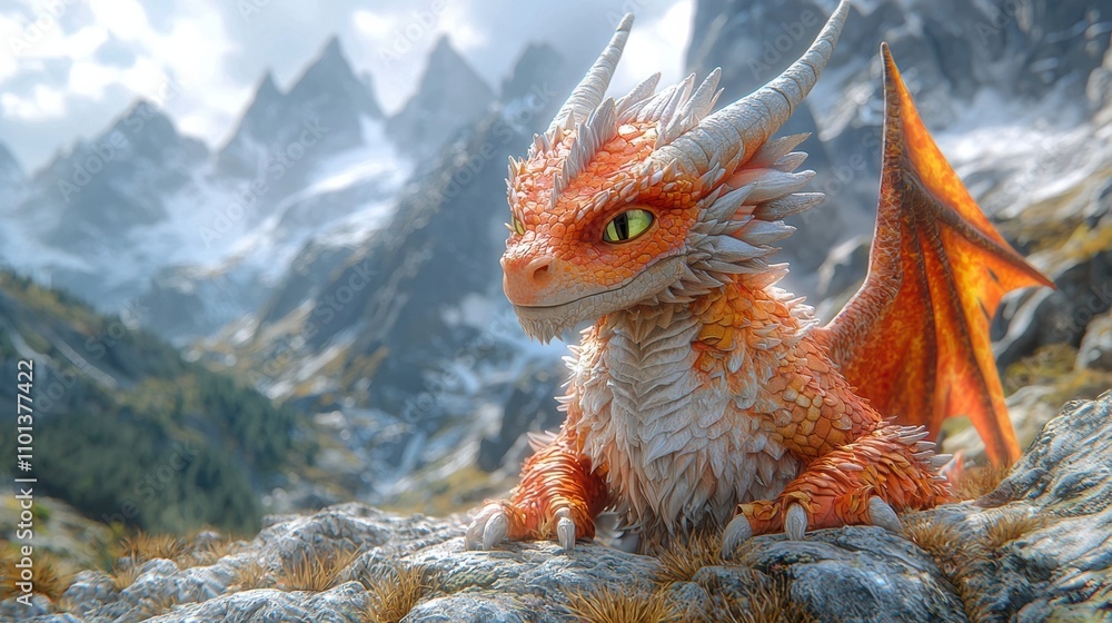 Obraz premium Majestic Fire Breathing Fantasy Dragon Perched on Rugged Mountain Landscape