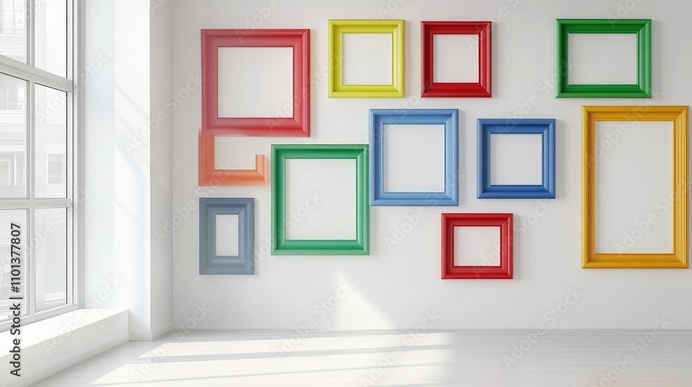 A creative collection of colorful picture frames on a stark white wall, emphasizing individuality and open-mindedness A creative collection of colorful picture frames on a stark white wall, emphasizing individuality and open-mindedness
