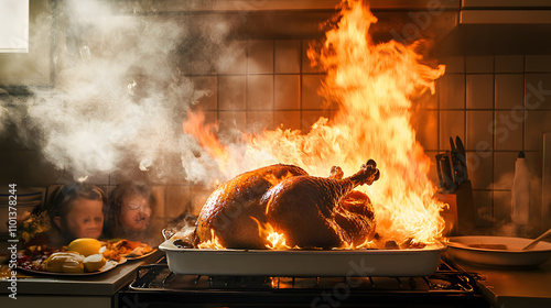 A Chaotic Thanksgiving: A Kitchen Disaster with an Oven Billowing Smoke and Flames Surrounding a Turkey