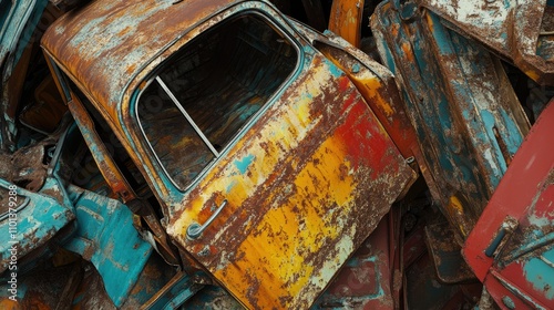 A detailed shot of a rusted car door, layered with vibrant old paint, in a pile of other vividly hued doors photo