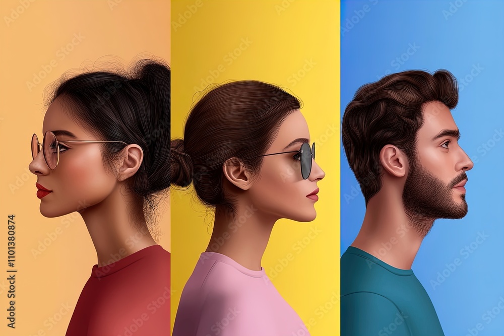 Stylish individuals showcasing modern eyewear against vibrant background colors Stylish individuals showcasing modern eyewear against vibrant background colors
