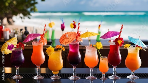 Exotic summer drinks served on bar. Blur beach as background