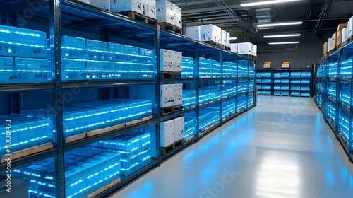 Warehouse Inventory, Rows of Blue-Lit Storage Units Filled with Stacked Boxes photo