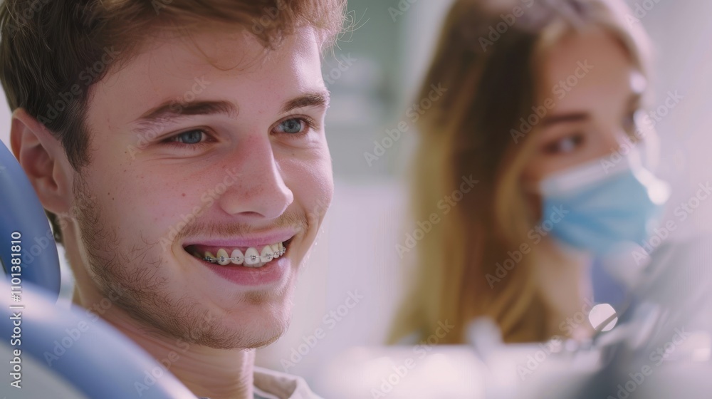 Portrait of handsome man with braces visiting dentist in clinic, AI generated image Portrait of handsome man with braces visiting dentist in clinic, AI generated image
