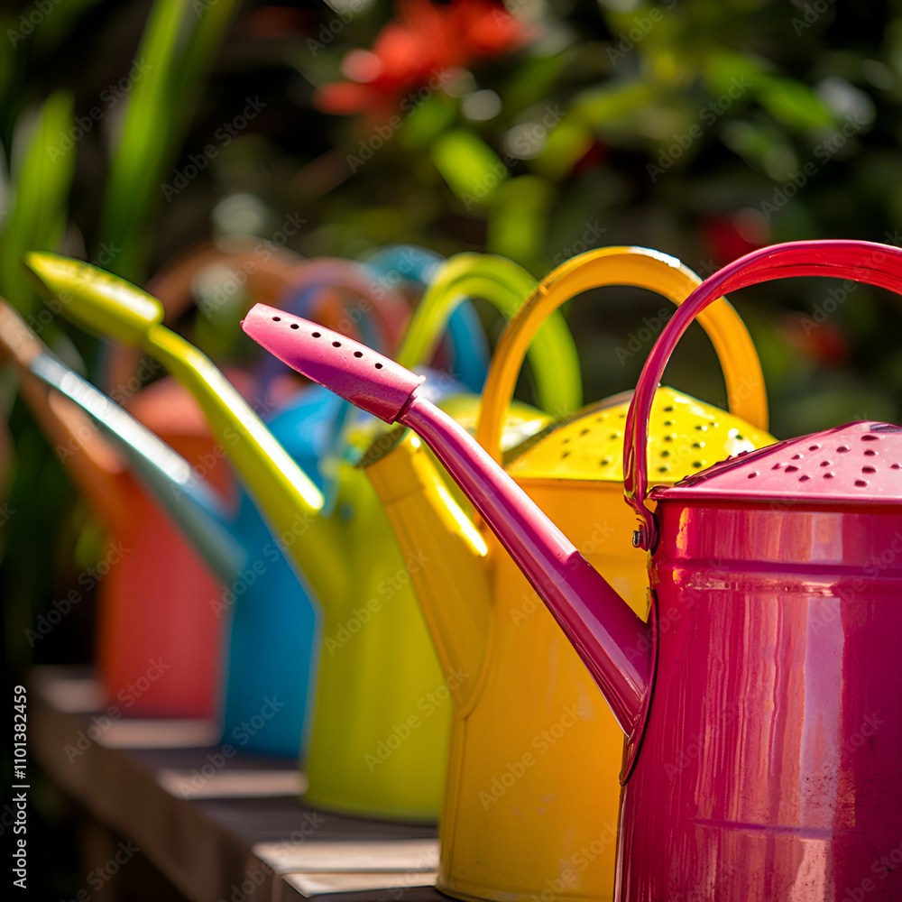 Brightly colored watering cans garden center still life outdoor close-up gardening essentials for eco-friendly living Brightly colored watering cans garden center still life outdoor close-up gardening essentials for eco-friendly living