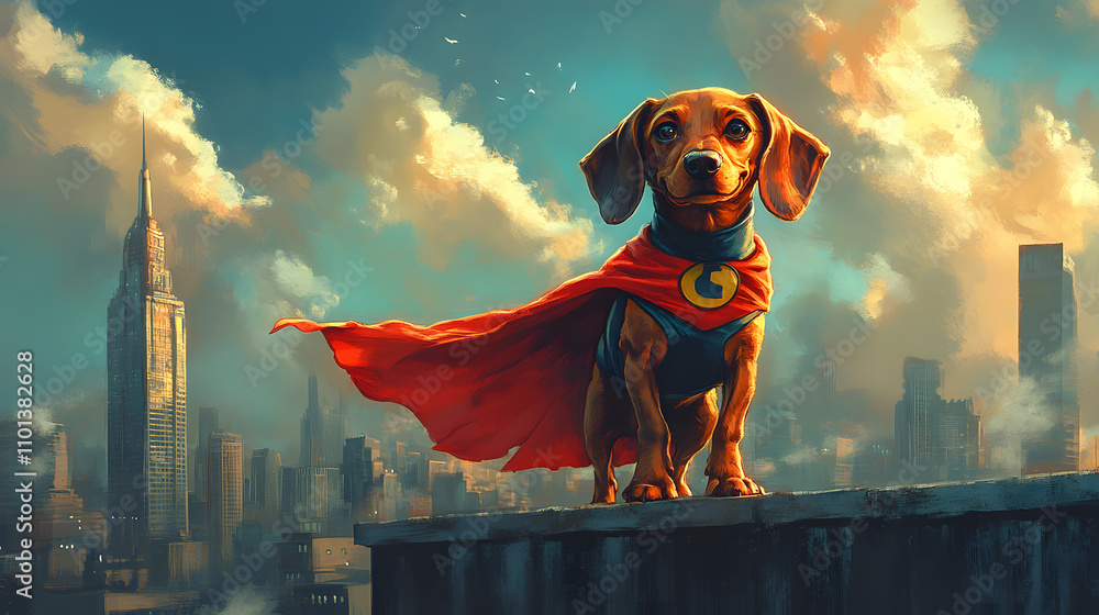 A quirky cartoon-style illustration of a Dachshund wearing a superhero cape, standing heroically on a rooftop with a playful smile, surrounded by a vibrant city skyline.