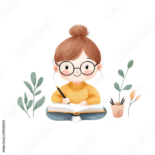 Cute Girl Writing in Journal: Watercolor illustration of a cheerful girl with glasses diligently writing in a notebook, surrounded by plants and art supplies.  Perfect for blogs, websites.