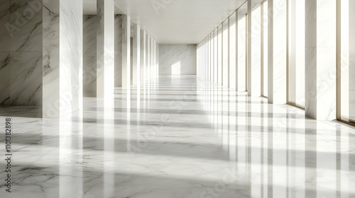 Sunlit Marble Hallway, Elegant Architecture, Light & Shadow interplay across Polished Floor, creating a Serene Atmosphere.