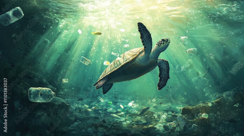 Obraz premium A lonely sea turtle navigating amidst a school of fish and scattered plastic bottles, with sunlit waters above