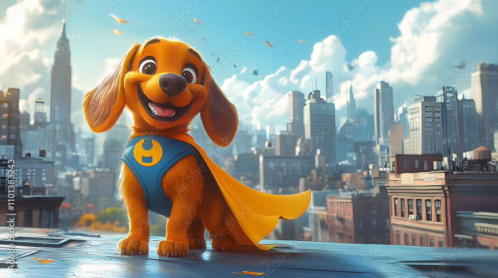 A quirky cartoon-style illustration of a Dachshund wearing a superhero cape, standing heroically on a rooftop with a playful smile, surrounded by a vibrant city skyline.