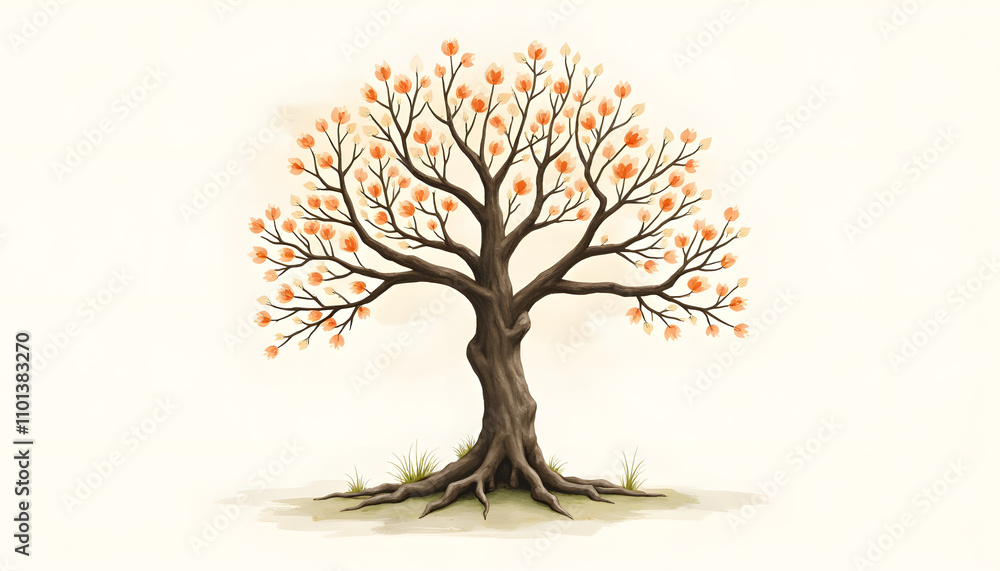 Fototapeta premium Illustration of a beautiful tree with orange leaves on a light background for nature-inspired artwork