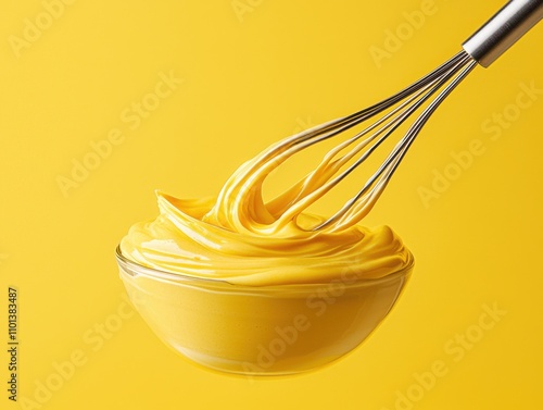 Whisking creamy yellow sauce kitchen food bright environment close-up culinary art photo