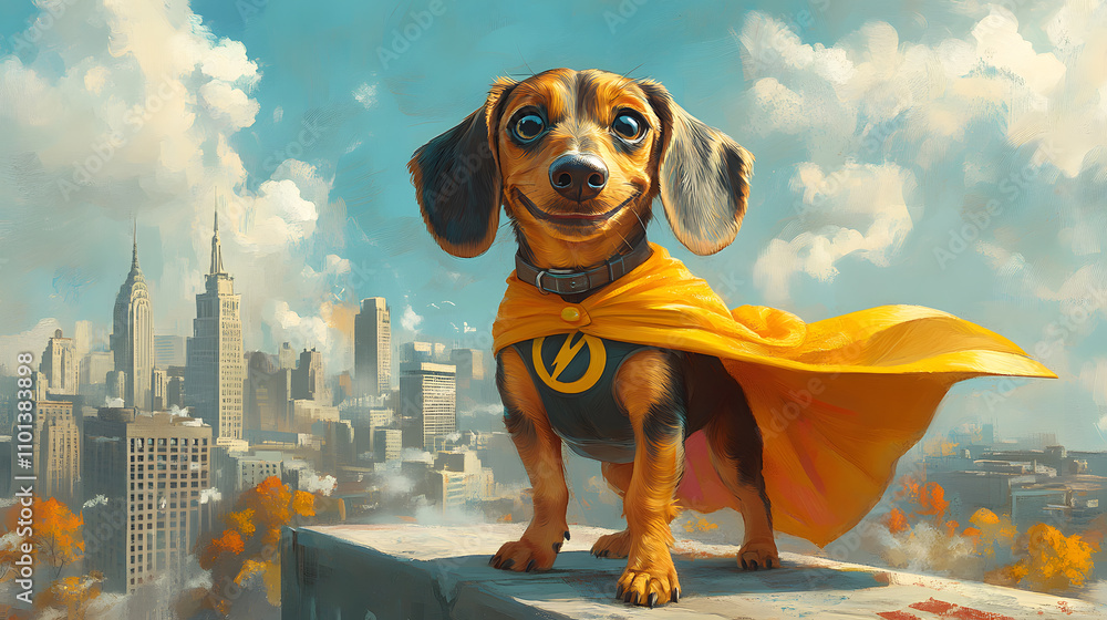 A quirky cartoon-style illustration of a Dachshund wearing a superhero cape, standing heroically on a rooftop with a playful smile, surrounded by a vibrant city skyline.