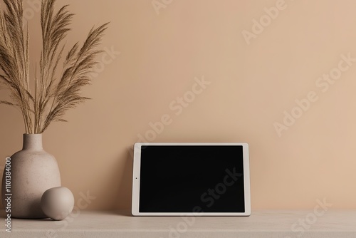 Tablet with blank screen next to minimalist vase and dry grass