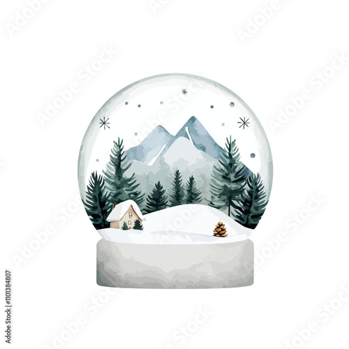 Winter Wonderland Snow Globe: A charming watercolor illustration of a snow globe featuring a snowy mountain landscape with a cozy cabin.