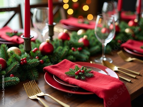 Elegant Christmas dining setup featuring a beautifully arranged table with red decor, candles, and festive greenery for holiday gatherings
