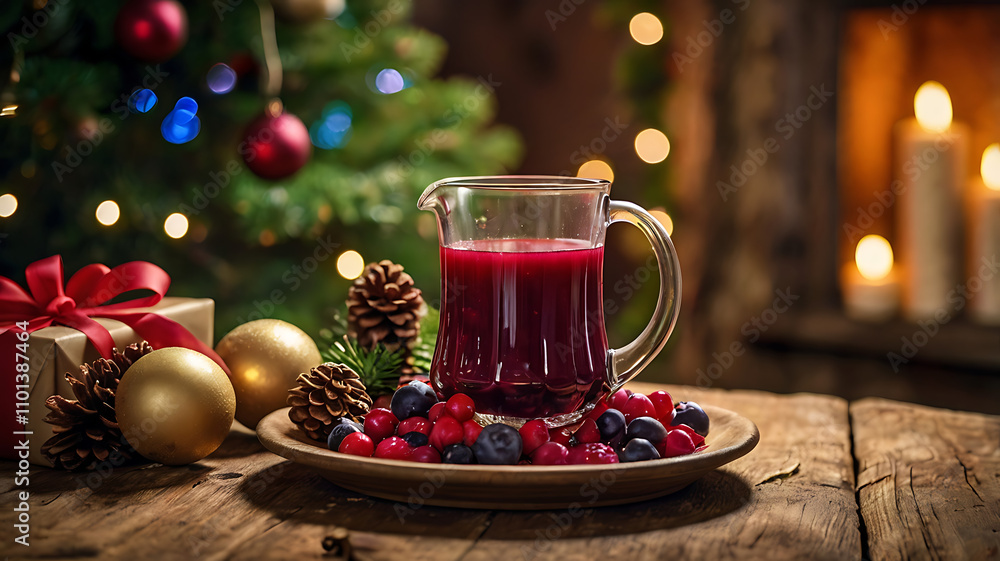 Festive berry drink in a glass pitcher, Christmas setting. Festive berry drink in a glass pitcher, Christmas setting.
