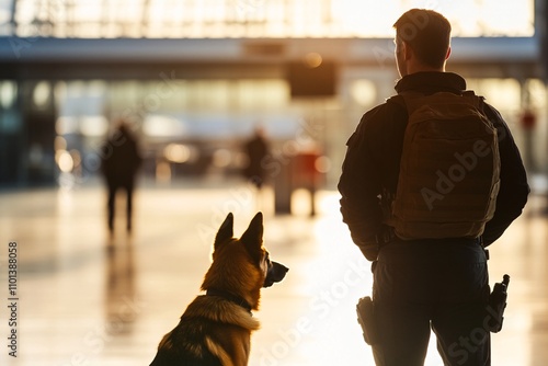 Customs border K-9 unit posing proudly near the baggage claim area, with airport signage in the background symbolizing security readiness photo