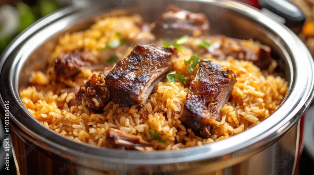 Delicious Slow-Cooked Ribs on Bed of Spiced Rice Delicious Slow-Cooked Ribs on Bed of Spiced Rice