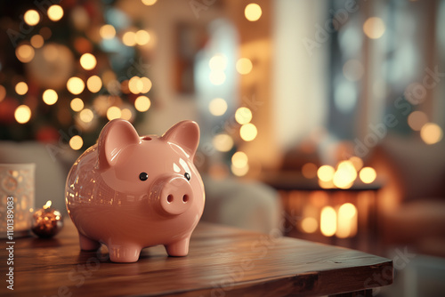 Cozy Home Scene Featuring a Piggy Bank on a Wooden Table, Illuminated by Warm Festive Lights, Representing Family Savings and Holiday Budget Planning photo