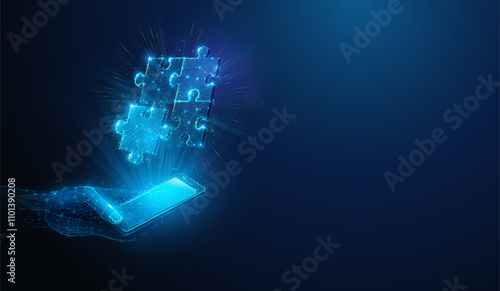 Abstract illustration of low poly jigsaw puzzle solving hologram over smartphone in hand. Blue geometric background depicting synergy partnership and business teamwork concept by wireframe mesh