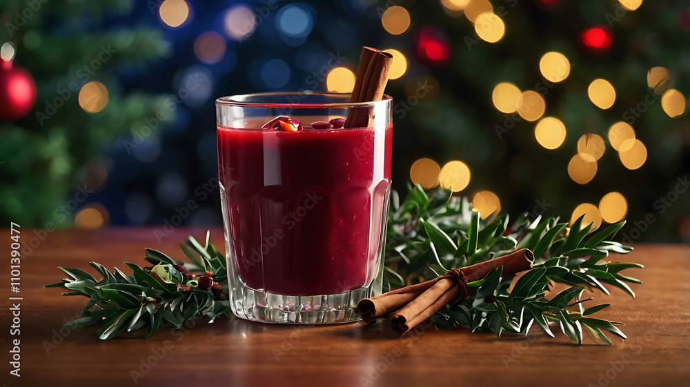Festive cranberry drink in a glass, with cinnamon sticks and sprigs of greenery, against a blurred Christmas tree background. Festive cranberry drink in a glass, with cinnamon sticks and sprigs of greenery, against a blurred Christmas tree background.