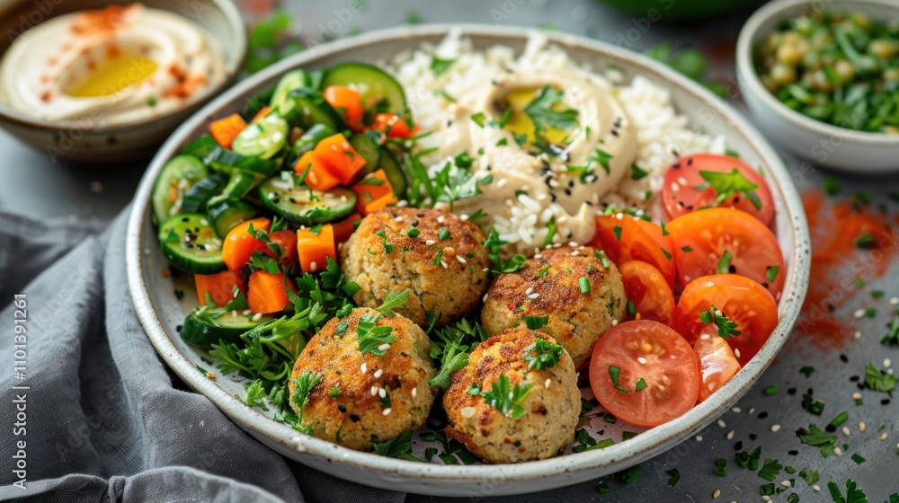 Fototapeta premium A vibrant plate featuring falafel, rice, fresh vegetables, and hummus.