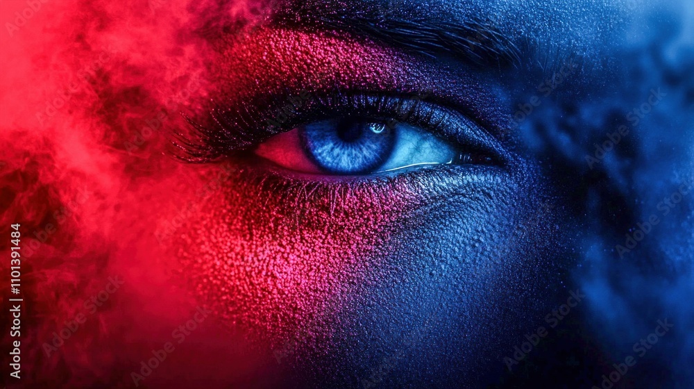 Naklejka premium Abstract Close-Up of Blue Eye with Red and Blue Lighting