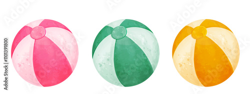 Beach ball. Vector watercolor illustration set, isolated