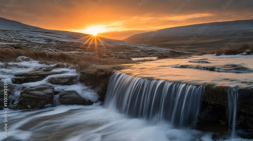 Fototapeta premium Tranquil Landscape with Sun Setting Over a Waterfall in a Serene Natural Environment, Capturing the Beauty of Nature and Calm Waters Flowing Over Rocks