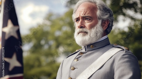 Robert E. Lee Day Historical reenactment of civil war soldier outdoors with american flag in background