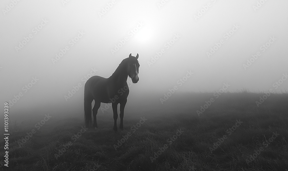 A silhouette black and white of a white horse standing in a meadow with a mystical fog drifting through fogs A silhouette black and white of a white horse standing in a meadow with a mystical fog drifting through fogs
