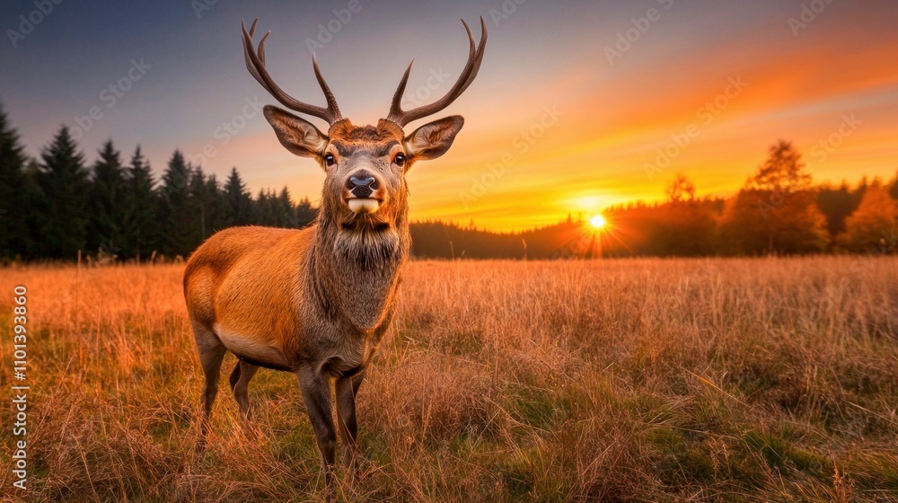Naklejka premium Deer in Golden Meadow at Sunset