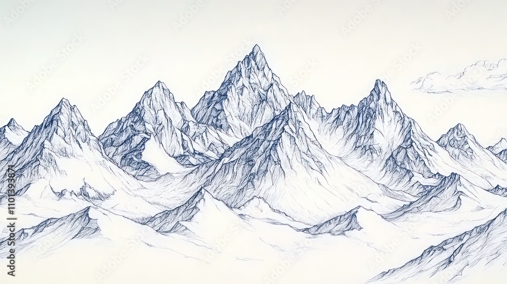 Obraz premium A serene mountain landscape depicted in a detailed, illustrative style.