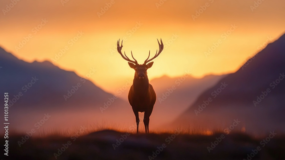 Fototapeta premium Silhouette of Deer at Sunrise in Mountains