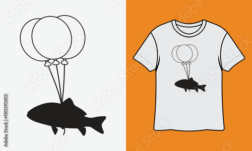 Fish And Balloon, Fishing T Shirt Design Template, Illustration, Vector, Graphic, Outdoor Adventure