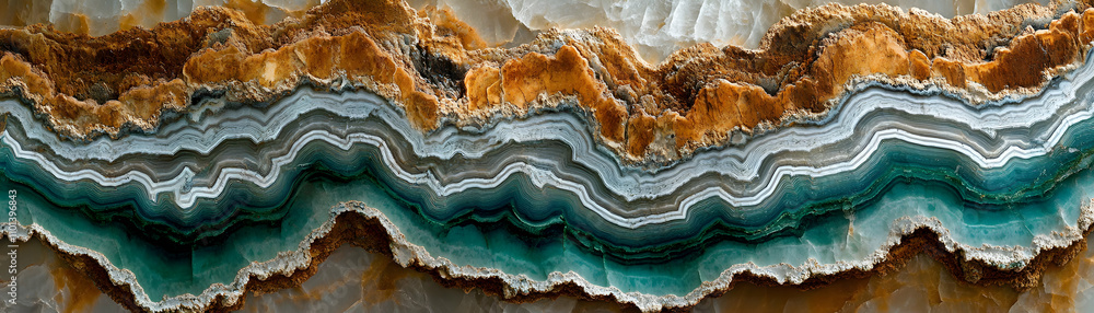 Obraz premium Abstract Teal & Brown Stone Texture, Layered Mineral Formation with Wavy Patterns, Showing Geological Processes and Natural Beauty