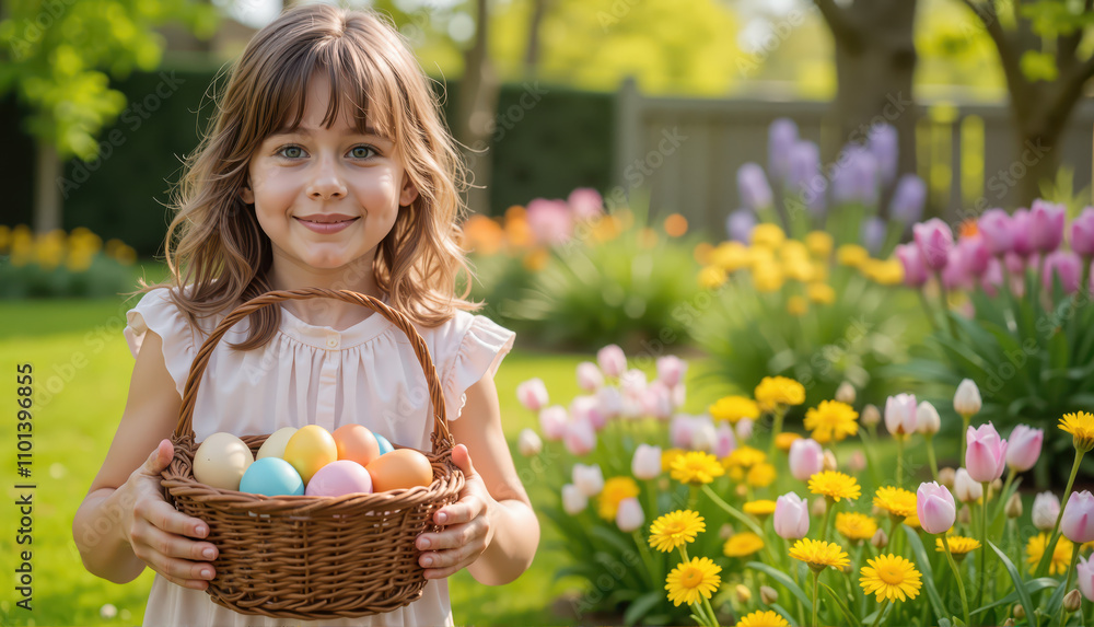 Fototapeta premium Vibrant Outdoor Easter Festival with a Young Girl Holding a Wicker Basket of Colorful Eggs in a Garden of Blooming Flowers and Green Grass